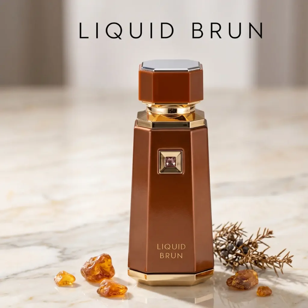 French Avenue Liquid Brun perfume bottle with brown luxury design and amber stones