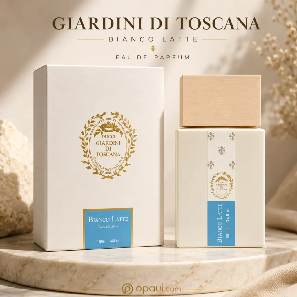 Giardini di Toscana Bianco Latte perfume bottle and white luxury packaging on marble table