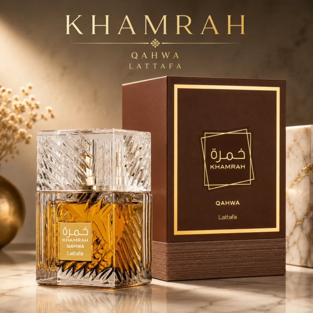 Lattafa Khamrah Qahwa perfume bottle and packaging with coffee-inspired amber fragrance aesthetic