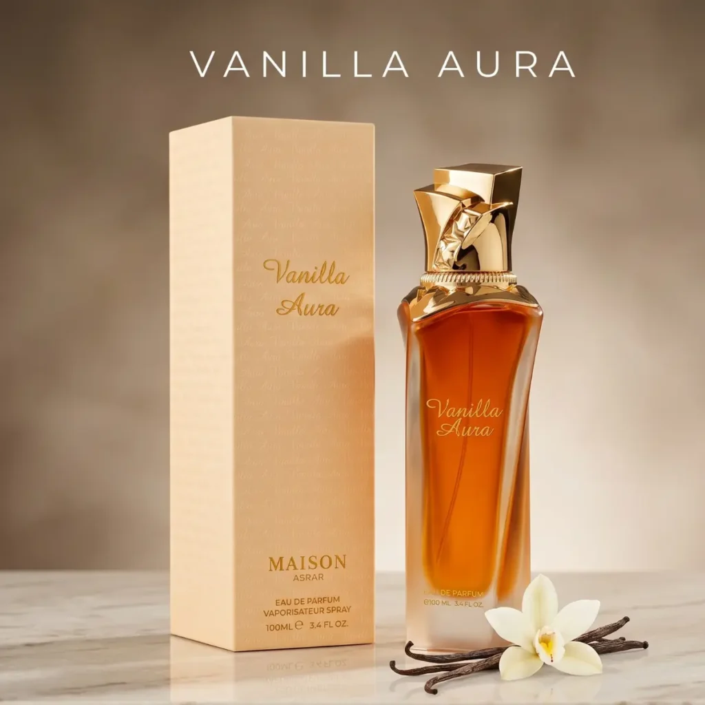 Maison Asrar Vanilla Aura perfume bottle with vanilla flowers and warm amber background