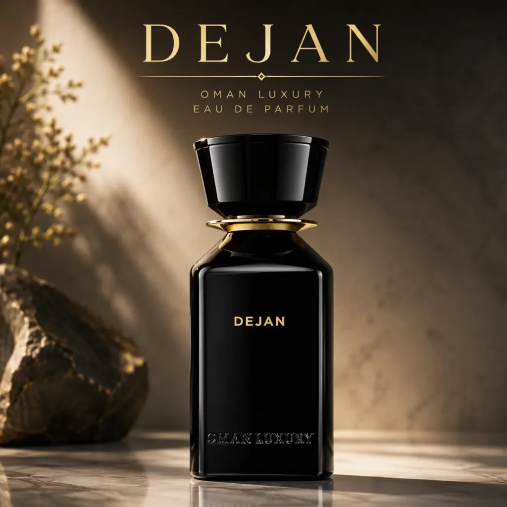 Oman Luxury Dejan black perfume bottle with luxury gold accents on marble surface