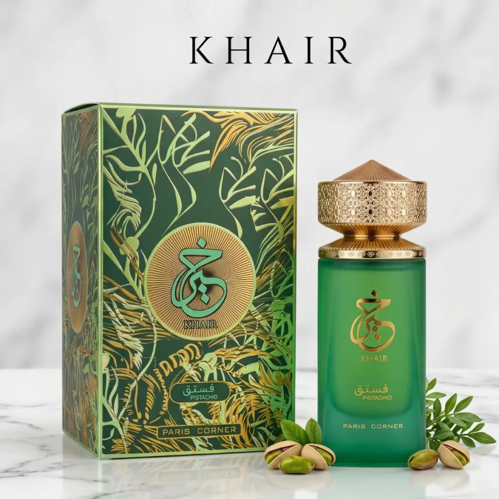 Paris Corner Khair Pistachio perfume bottle with green luxury packaging and pistachio nuts
