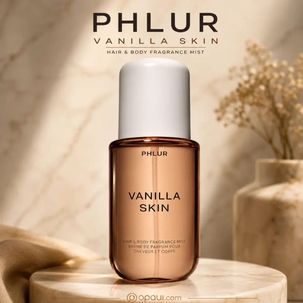 Phlur Vanilla Skin fragrance mist bottle with minimalist luxury design and warm lighting
