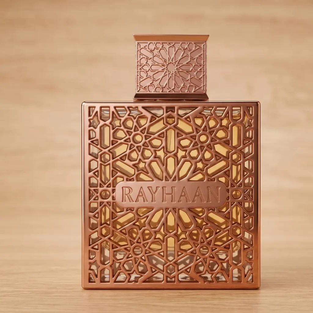 Rayhaan Divine perfume bottle with luxury Arabic geometric design placed on a wooden surface