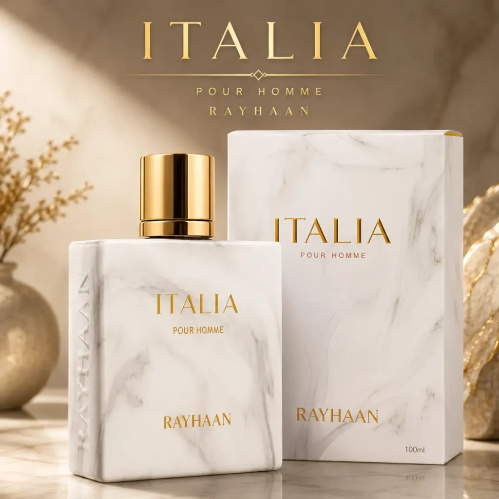 Rayhaan Italia perfume bottle and marble-style box with luxury gold accents