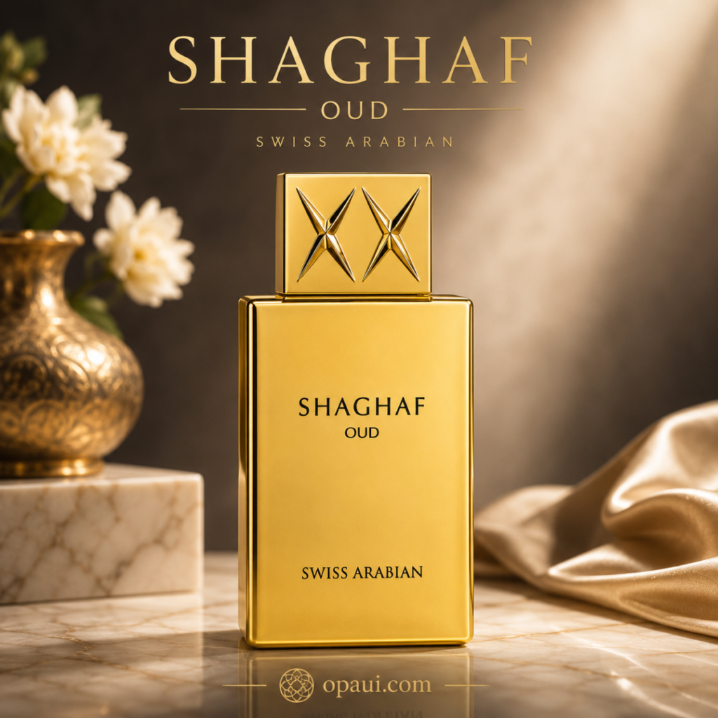 Swiss Arabian Shaghaf Oud gold perfume bottle with elegant luxury lighting and marble background