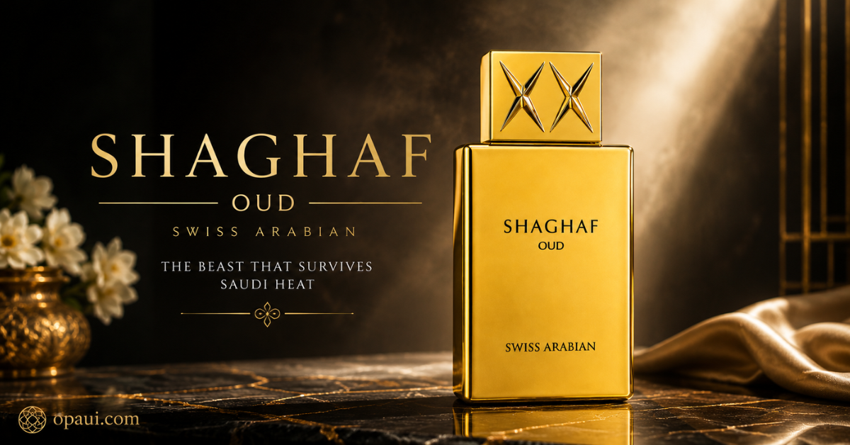 Luxurious Shaghaf Oud perfume bottle by Swiss Arabian on a dark cinematic background for Saudi fragrance review